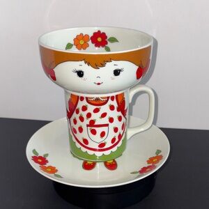 Vintage Ceramic Girl Stacking Set Mug Bowl Plate Strawberry Apron Japan 70s